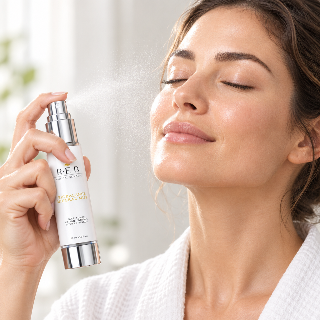 BioBalance Mineral Mist sprayed onto a face