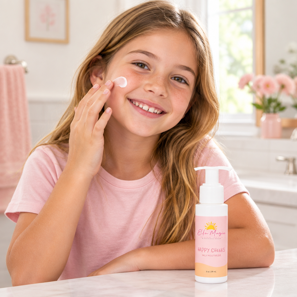 Child applying Ella Mazie Happy Cheeks cream