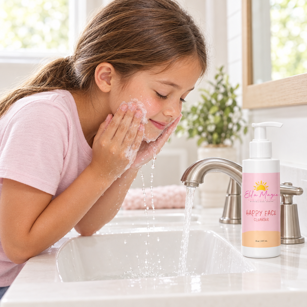Child washing their face with Ella Mazie Happy Face Cleanser
