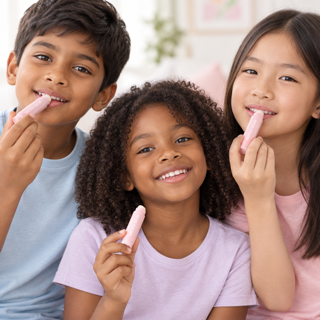 Children from diverse backgrounds using Ella Mazie Smooch Balm