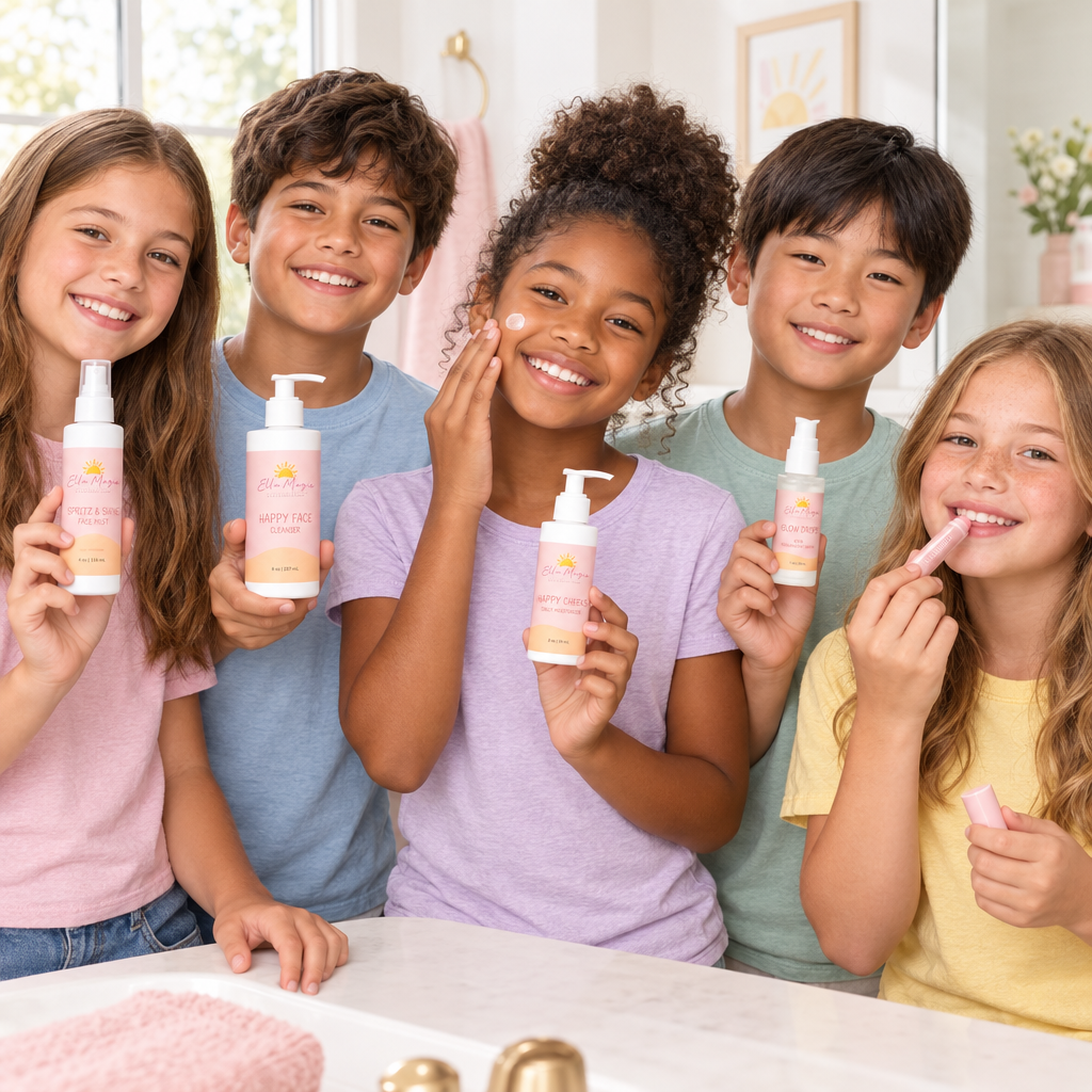 Diverse kids with the complete Ella Mazie skincare collection