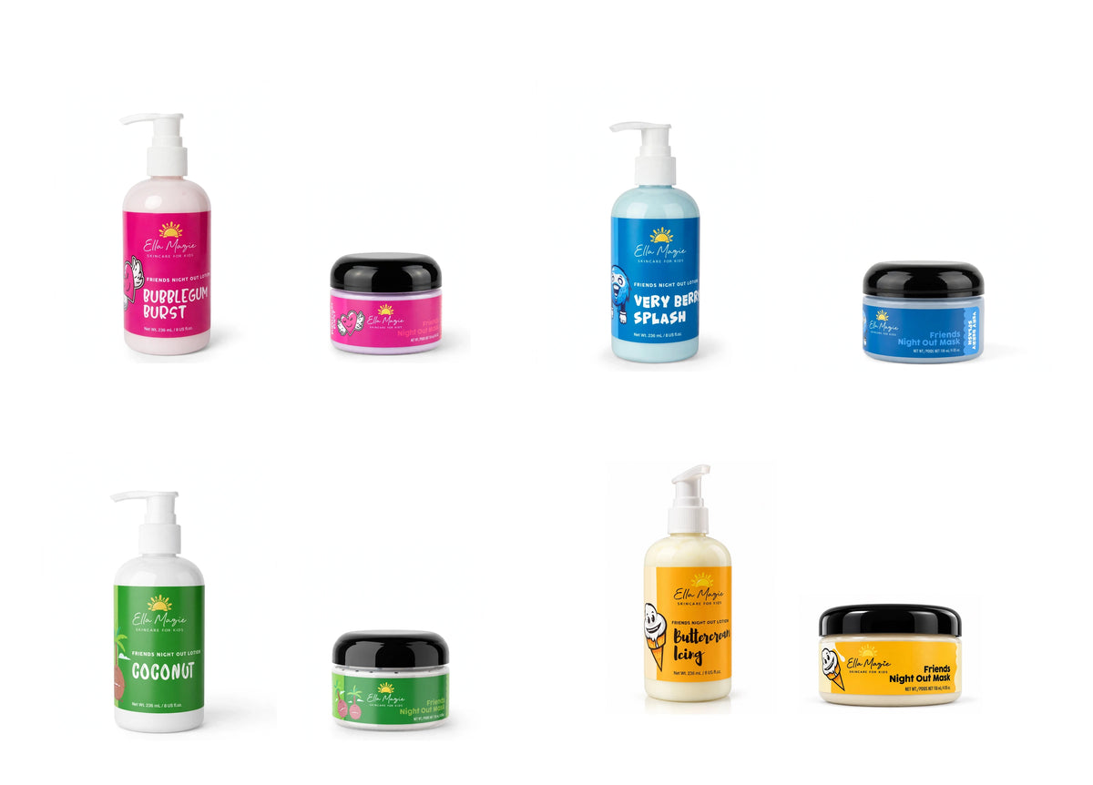 Ella Mazie Friends Night Out 4-set lineup: Bubblegum Burst, Very Berry Splash, Coconut and Buttercream Icing mask and lotion pairs