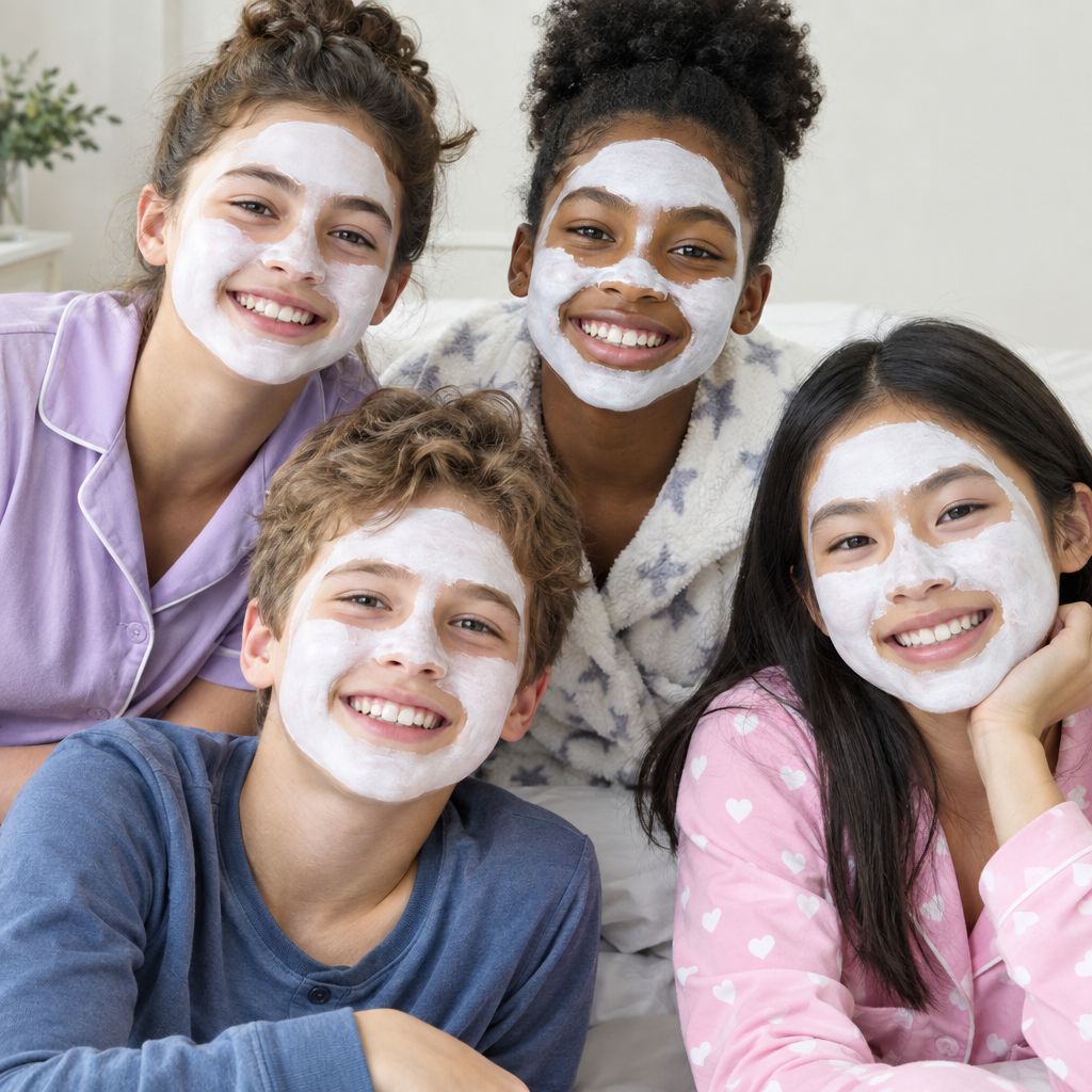 Group of kids wearing white clay masks