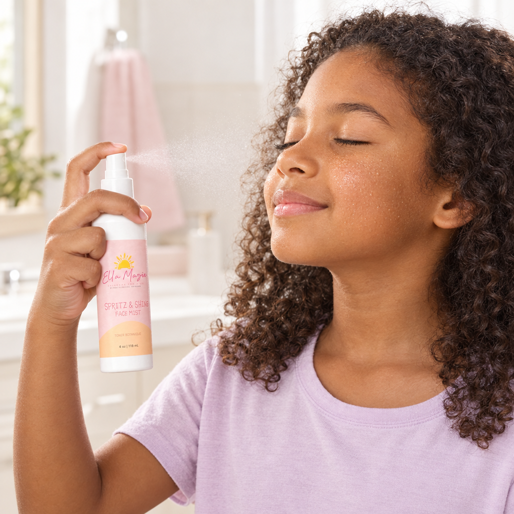 New photo of a brown-skinned child using Ella Mazie face mist