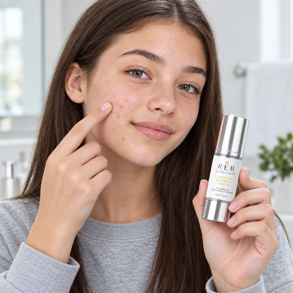 Teenager applying Clarifying Balance Serum to a breakout