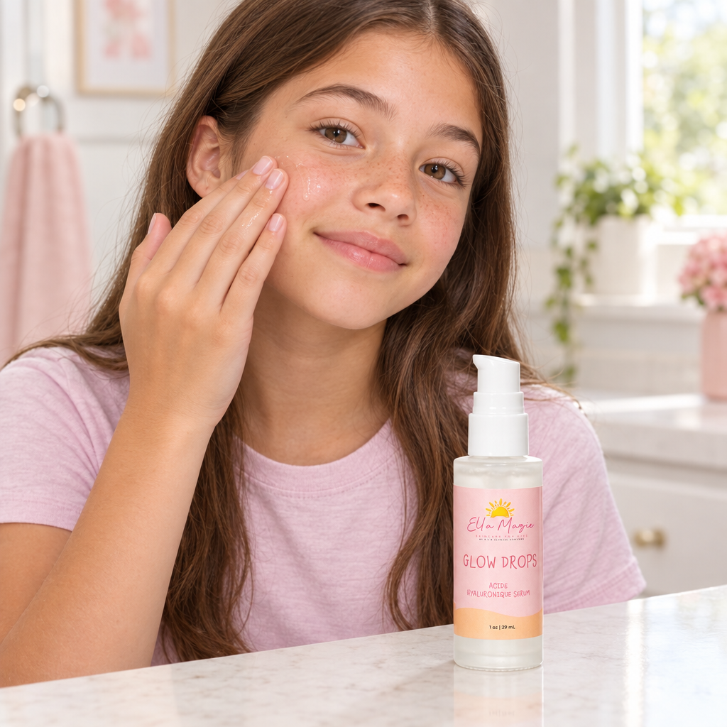 Tween applying Ella Mazie Glow Drops serum
