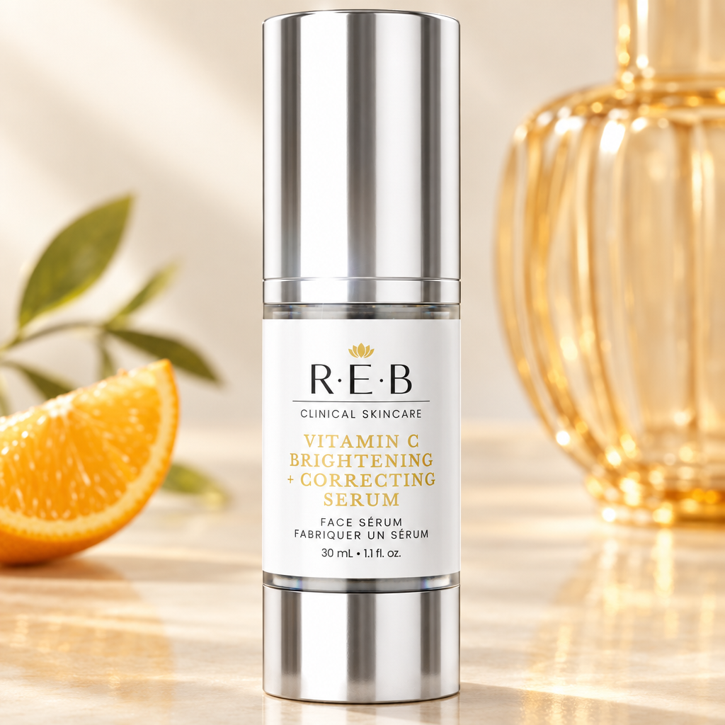 Vitamin C serum in a warm, clinical-luxury studio setting